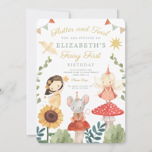 魔法の妖精の最初の誕生日マッシュルームウッドランド 招待状 (正面)