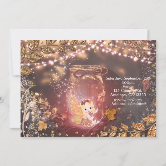 魔法の妖精の瓶 グリッター 秋の葉の招待状 招待状 (裏面)