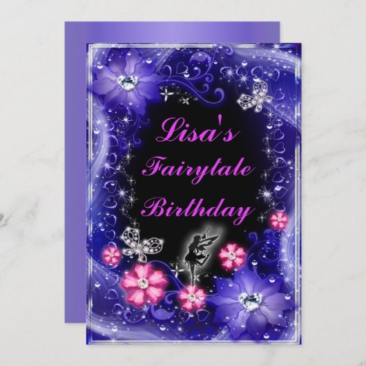 魔法の妖精の蝶パープルフローラ誕生日 招待状 (正面/裏面)