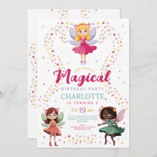 魔法の妖精の誕生日パーティー妖精 招待状 (正面/裏面)