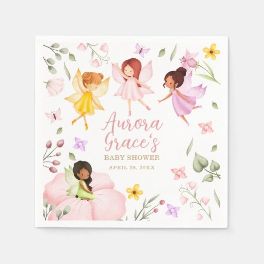魔法の妖精を魅了されたガーデンピンクの赤ちゃんシャワー スタンダードカクテルナプキン (正面)