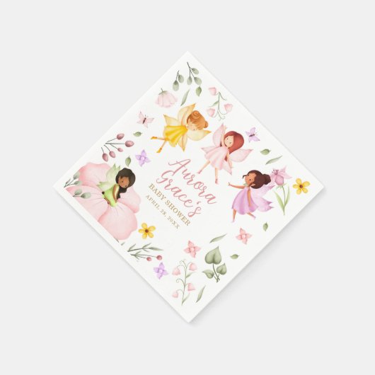 魔法の妖精を魅了されたガーデンピンクの赤ちゃんシャワー スタンダードカクテルナプキン (角)
