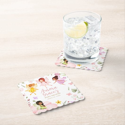 魔法の妖精を魅了されたガーデンピンクの赤ちゃんシャワー ペーパーコースター (インサイチュ)