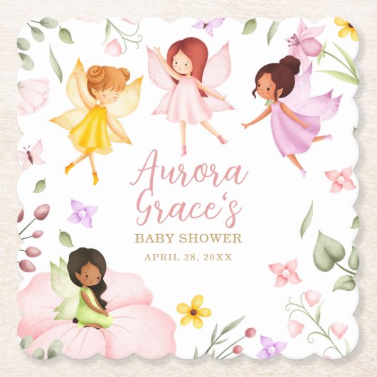 魔法の妖精を魅了されたガーデンピンクの赤ちゃんシャワー ペーパーコースター (正面)