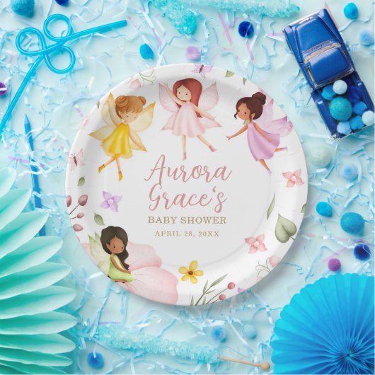 魔法の妖精を魅了されたガーデンピンクの赤ちゃんシャワー ペーパープレート (パーティー)
