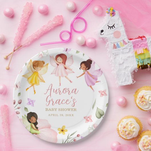 魔法の妖精を魅了されたガーデンピンクの赤ちゃんシャワー ペーパープレート (パーティー)