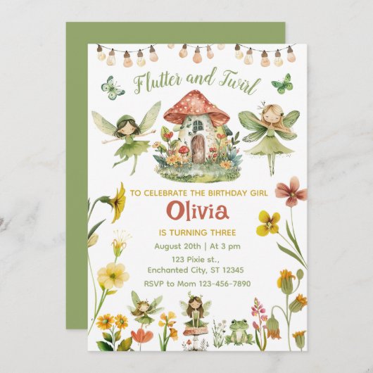 魔法の妖精エンチャントフォレストガール誕生日 招待状 (正面/裏面)
