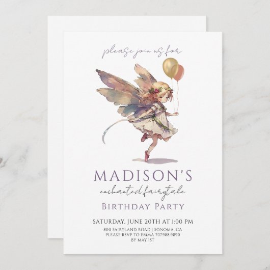 魔法の妖精ピクシー童話の誕生日パーティー 招待状 (正面/裏面)