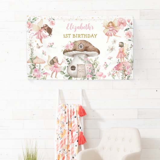 魔法の妖精プリンセスピンクフラワーガール誕生日 横断幕 (インサイチュ)