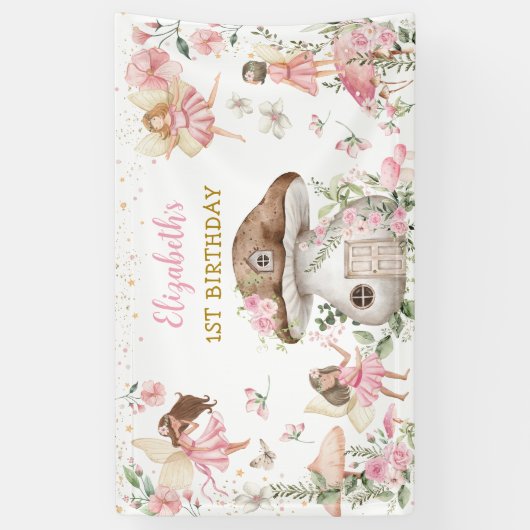 魔法の妖精プリンセスピンクフラワーガール誕生日 横断幕 (縦)