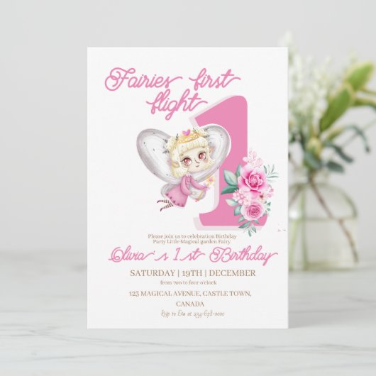魔法の妖精1st誕生日かわいいピンクの最初のパーティー 招待状 (スタンド正面)