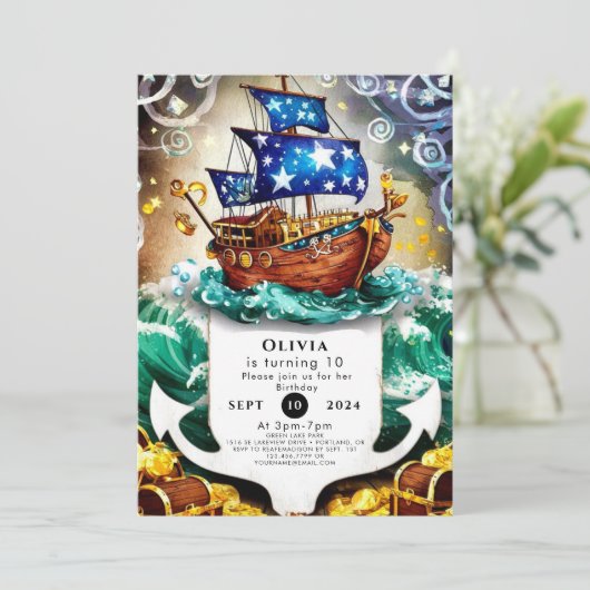 魔法の子供の冒険の海賊船誕生日 招待状 (スタンド正面)