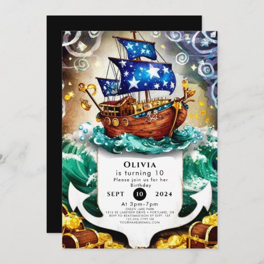 魔法の子供の冒険の海賊船誕生日 招待状 (正面/裏面)