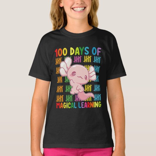 魔法の学習 ウーパールーパー学校 100日 Tシャツ (正面)