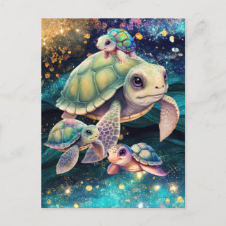 魔法の宇宙水域で泳ぐウミガメ ポストカード