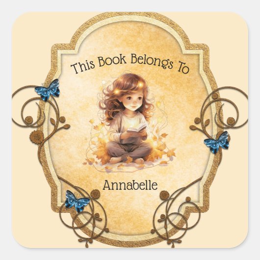 魔法の小さな女の子読は本だ スクエアシール (正面)