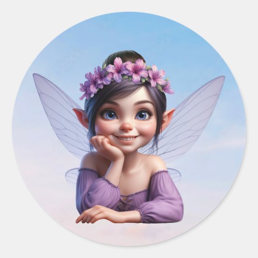 魔法の小さな妖精がカメラのためにポーズを取る ラウンドシール (正面)