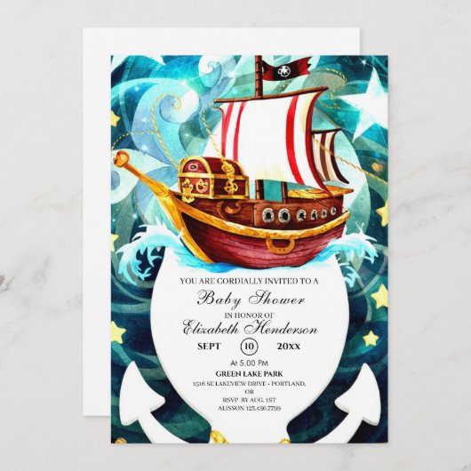 魔法の小さな海賊の赤ちゃんシャワー 招待状 (正面/裏面)