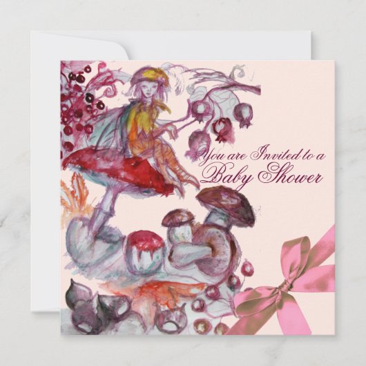魔法の小節、キノコ、ピンクボウ赤ちゃん女の子シャワー 招待状 (正面)
