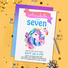魔法の少女カラフルユニコーンレインボー水彩画 招待状