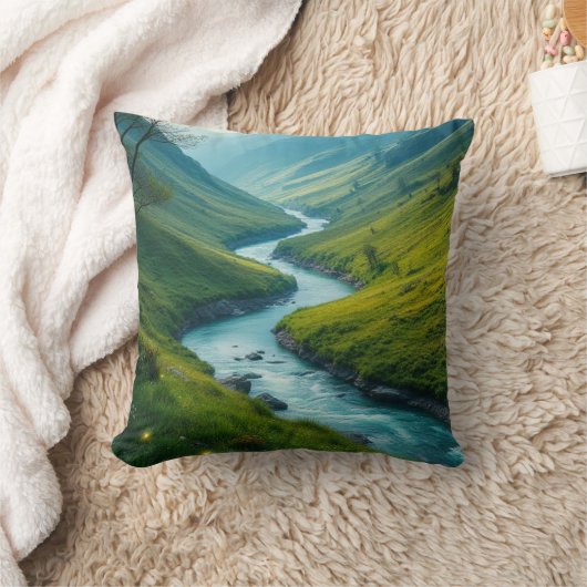 魔法の川と緑の丘の風景 クッション (ブランケット)