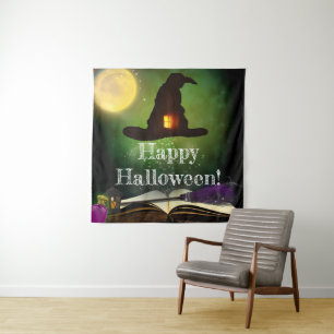 魔法の帽子と呪文の本のハロウィンパーティーの背景 タペストリー