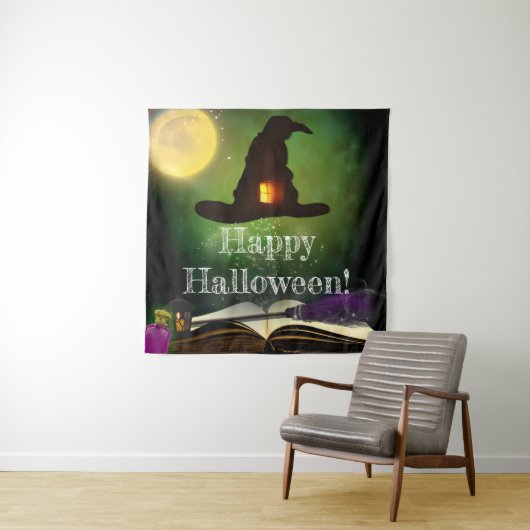 魔法の帽子と呪文の本のハロウィンパーティーの背景 タペストリー (インサイチュ)
