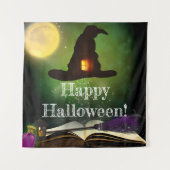 魔法の帽子と呪文の本のハロウィンパーティーの背景 タペストリー (正面)
