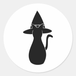 魔法の帽子をかぶった黒いシルエットウィッチー猫 ラウンドシール