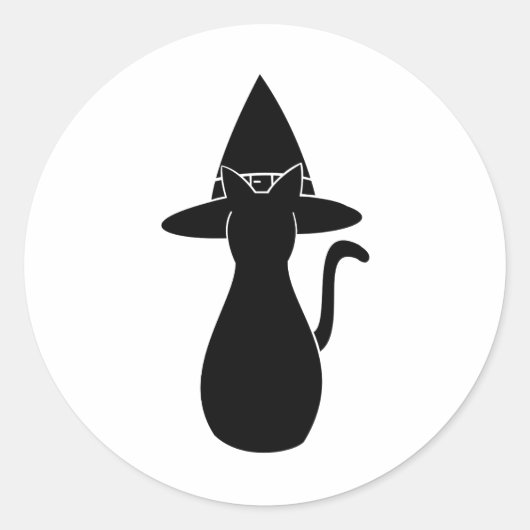 魔法の帽子をかぶった黒いシルエットウィッチー猫 ラウンドシール (正面)