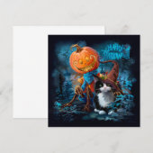 魔法の帽子を被った面白いカボチャと猫 招待状 (正面/裏面)