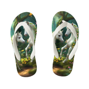 魔法の庭に白いピクシーのファンタジーの馬 キッズビーチサンダル