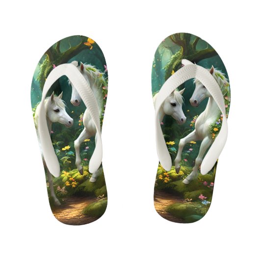 魔法の庭に白いピクシーのファンタジーの馬 キッズビーチサンダル (フットベッド)