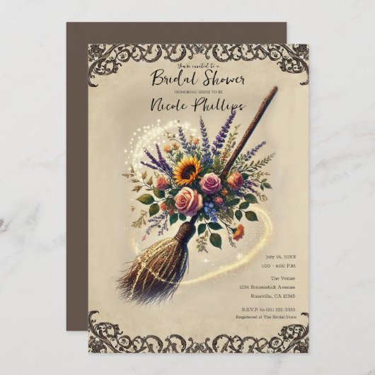 魔法の庭園の魔女のほうき ブライダルシャワー 招待状 (正面/裏面)