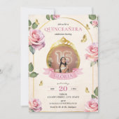 魔法の庭園 ピンクのバラ ゴールド フォト キンセアニエラ 招待状 (正面)