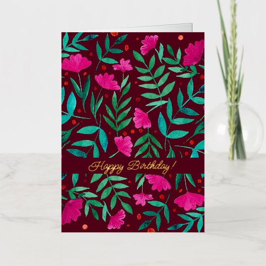 魔法の庭園 – マゼンタとグリーンのハッピーバースデー 箔シーズンカード (正面)