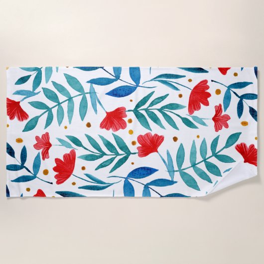 魔法の庭 – 赤とターコイズ ビーチタオル (正面)