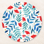 魔法の庭 – 赤とターコイズ ラウンドペーパーコースター (正面)