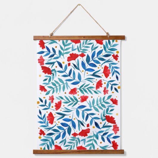 魔法の庭 – 赤とターコイズ 吊り下げ型タペストリー (正面)