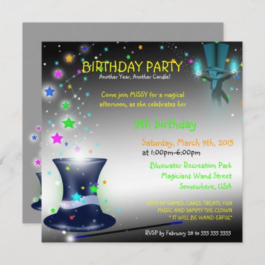 魔法の手品師の帽子の誕生日のパーティの招待状 招待状 (正面/裏面)