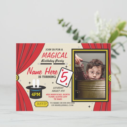 魔法の手品師年齢の誕生会の写真の招待 招待状 (スタンド正面)