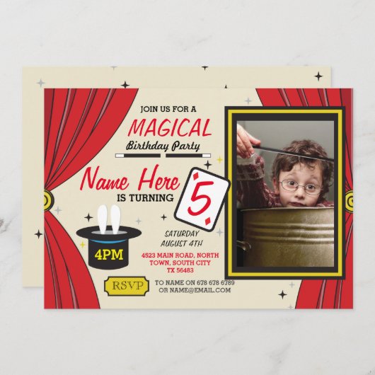 魔法の手品師年齢の誕生会の写真の招待 招待状 (正面/裏面)
