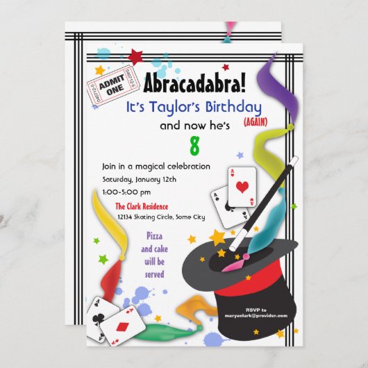 魔法の招待状とのカラフルなしぶきのおもしろい 招待状 (正面/裏面)