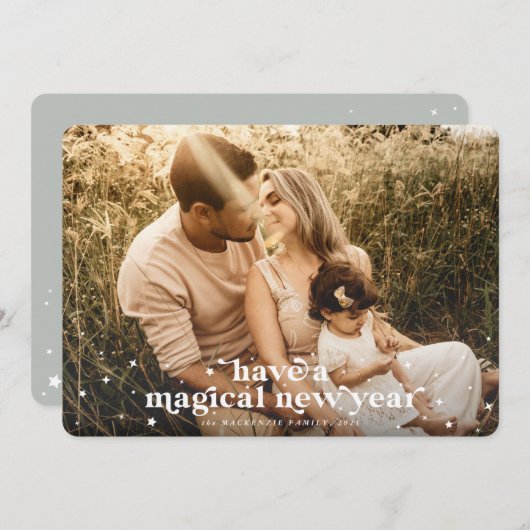 魔法の新年の写真カードを持っている 案内状 (正面/裏面)