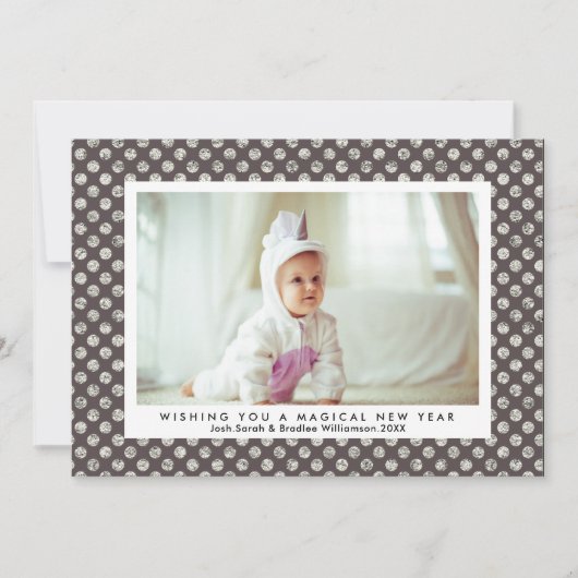 魔法の新年シルバーモダングリッター水玉模様 シーズンカード (正面)