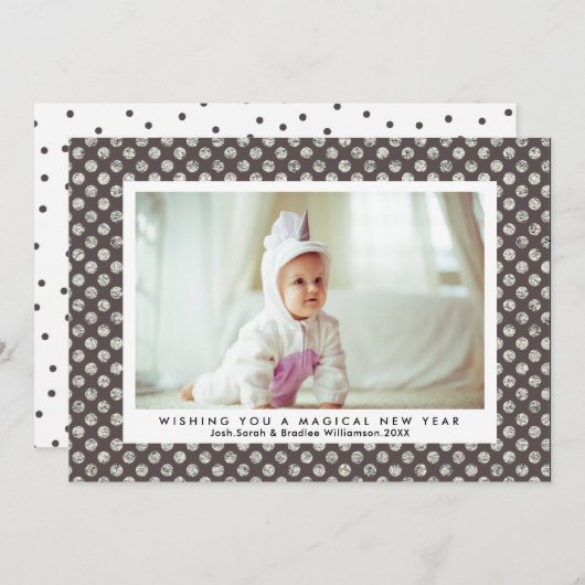 魔法の新年シルバーモダングリッター水玉模様 シーズンカード (正面/裏面)