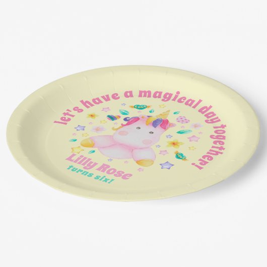 魔法の日かわいいユニコーンの子供の誕生日 ペーパープレート (アングル)
