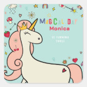 魔法の日かわいい漫画ユニコーン子供の誕生日 スクエアシール (正面)