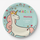 魔法の日かわいい漫画ユニコーン子供の誕生日 ペーパープレート (正面)