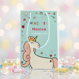 魔法の日かわいい漫画ユニコーン子供の誕生日 ミディアムペーパーバッグ